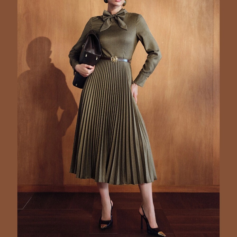 Brown Checked Tie Neck Long Sleeve Pleated Midi Dress